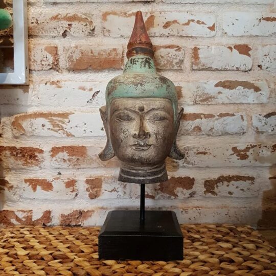 Green Wooden Buddha Head on Stand bali buddha decor