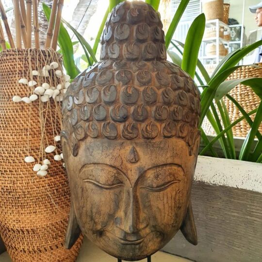Hand Carved Wooden Buddha Head on Black Stand bali buddha decor