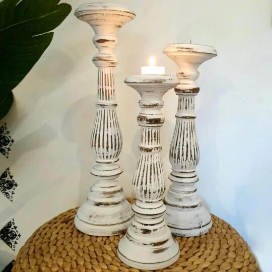 White Carved Wooden Candleholders bali buddha decor exotic
